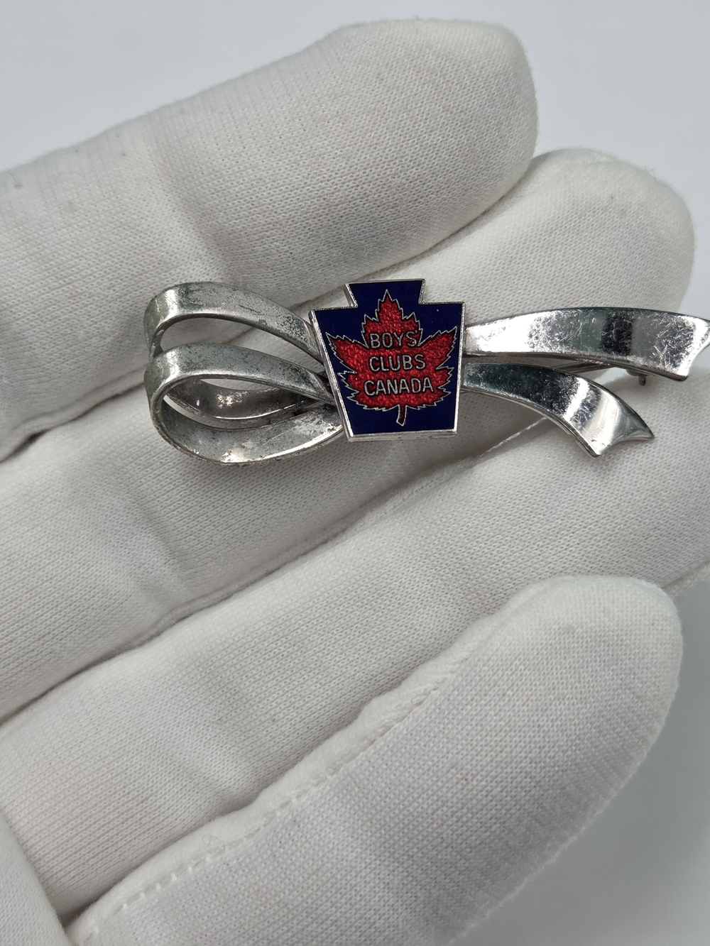 Boys Clubs Canada Silver Ribbon Brooch with Red & Blue Enamel Maple Emblem